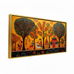Premium Madhubani Village Life Wall Art | Traditional Mithila Folk Canvas Print for Home Decor