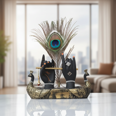 Exquisite Black & Gold Lord Krishna Hands Flute Player Statue with Peacock Feather