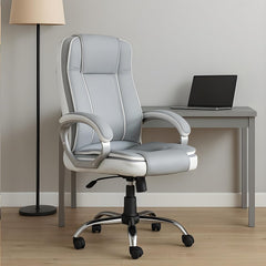 Grey & White Leatherette Swivel Office Revolving Chair | Heavy Tilting Mechanism & Strong Chrome Stand Base