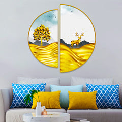 Semi Circle Golden Trees With Mountains And Deer Wall Paintings & Arts