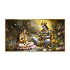 Radha Krishna Paintings Couple Sitting Boat River with Flowers