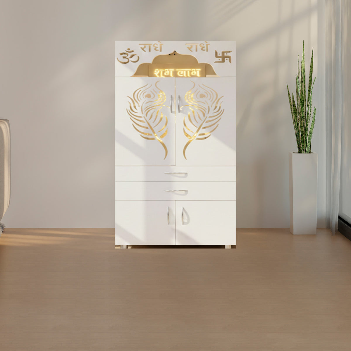 Luxurious White Finish Wooden Floor Temple with Om LED Back Panel & Spacious Drawer Storage Cabinet for Home & Office