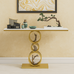 Artistic Triple Ring Gold Base Marble Console Table