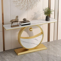 Elegant Marble Console Table with Gold Circular Base and Hanging Ball