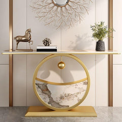 Elegant Marble Console Table with Gold Circular Base and Hanging Ball