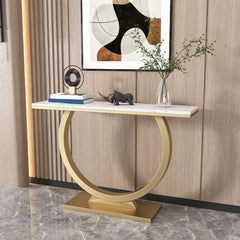 Contemporary Marble Console Table with Artistic Gold Circle Support