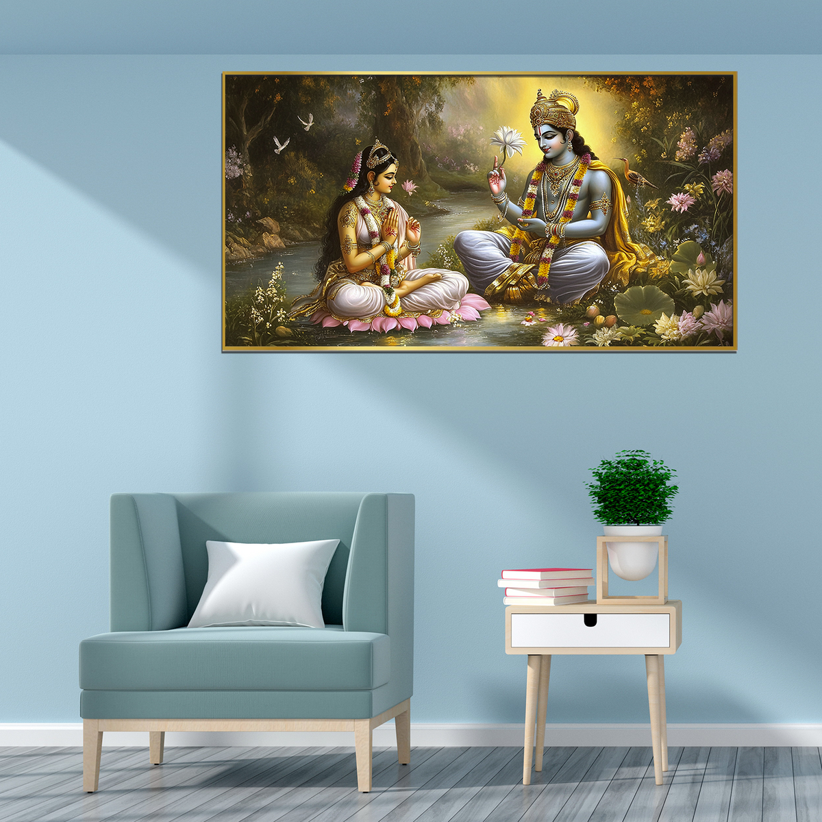 Radha Krishna Paintings Couple Sitting Boat River with Flowers