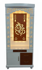 Aesthetic White Finish Wooden Floor Temple with Shri Ganeshji LED Back Panel & Spacious Drawer Storage Cabinet for Home & Office