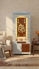 Aesthetic White Finish Wooden Floor Temple with Shri Ganeshji LED Back Panel & Spacious Drawer Storage Cabinet for Home & Office