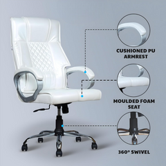 White Leatherette Boss Office Chair | 360° Swivel & Tilting Locking Mechanism | Chrome Stand & Engineering Wood