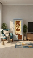 Aesthetic White Finish Wooden Floor Temple with Shri Ganeshji LED Back Panel & Spacious Drawer Storage Cabinet for Home & Office