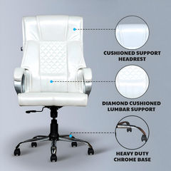 White Leatherette Boss Office Chair | 360° Swivel & Tilting Locking Mechanism | Chrome Stand & Engineering Wood