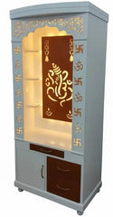 Aesthetic White Finish Wooden Floor Temple with Shri Ganeshji LED Back Panel & Spacious Drawer Storage Cabinet for Home & Office