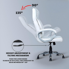 White Leatherette Boss Office Chair | 360° Swivel & Tilting Locking Mechanism | Chrome Stand & Engineering Wood