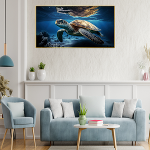 Graceful Turtle Swimming Underwater With Sunlight Filtering Through Surface Water