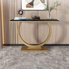 Contemporary Black Marble Console Table with Artistic Gold Circle Support