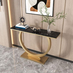 Contemporary Black Marble Console Table with Artistic Gold Circle Support