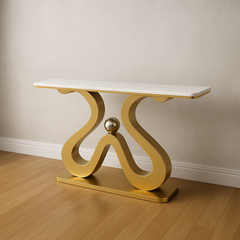 Artistic Marble Console Table with Golden Sculptural Base and Silver Ball