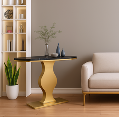 Elegant Curvy Gold Console Table with Sleek Black Marble Top