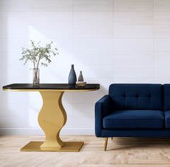 Elegant Curvy Gold Console Table with Sleek Black Marble Top