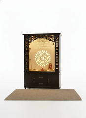 Luxury Brown Finish Wooden Floor Temple for Home & Office with LED OM Panel Drawer & Cabinet Storage for Home & Office