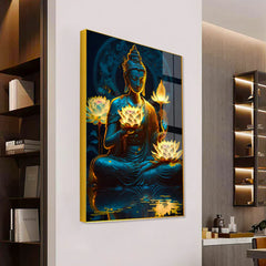 Beautiful Meditation Gautam Buddha Lotus Flower in Hand Acrylic Wall Paintings & Arts Clearance Sale