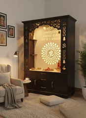 Luxury Brown Finish Wooden Floor Temple for Home & Office with LED OM Panel Drawer & Cabinet Storage for Home & Office