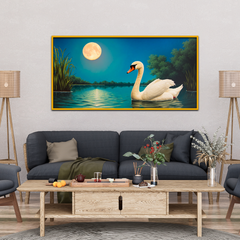 Painting Swan Water with Moon Background Canvas Wall Paintings