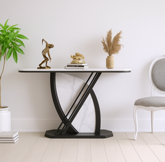Artistic Black and White Console Table with Dynamic Geometric Support