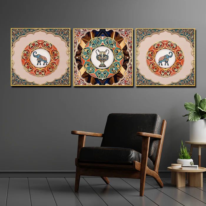 Pride of Wild Elephant Framed Crystal Glass Painting Set of 3