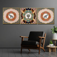 Pride of Wild Elephant Framed Crystal Glass Painting Set of 3