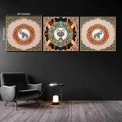 Pride of Wild Elephant Framed Crystal Glass Painting Set of 3