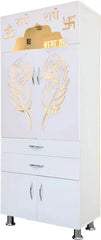 Luxurious White Finish Wooden Floor Temple with Om LED Back Panel & Spacious Drawer Storage Cabinet for Home & Office