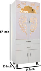 Luxurious White Finish Wooden Floor Temple with Om LED Back Panel & Spacious Drawer Storage Cabinet for Home & Office
