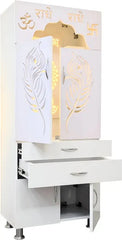 Luxurious White Finish Wooden Floor Temple with Om LED Back Panel & Spacious Drawer Storage Cabinet for Home & Office