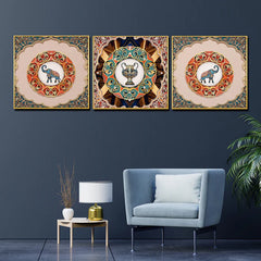 Pride of Wild Elephant Framed Crystal Glass Painting Set of 3