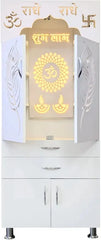 Luxurious White Finish Wooden Floor Temple with Om LED Back Panel & Spacious Drawer Storage Cabinet for Home & Office