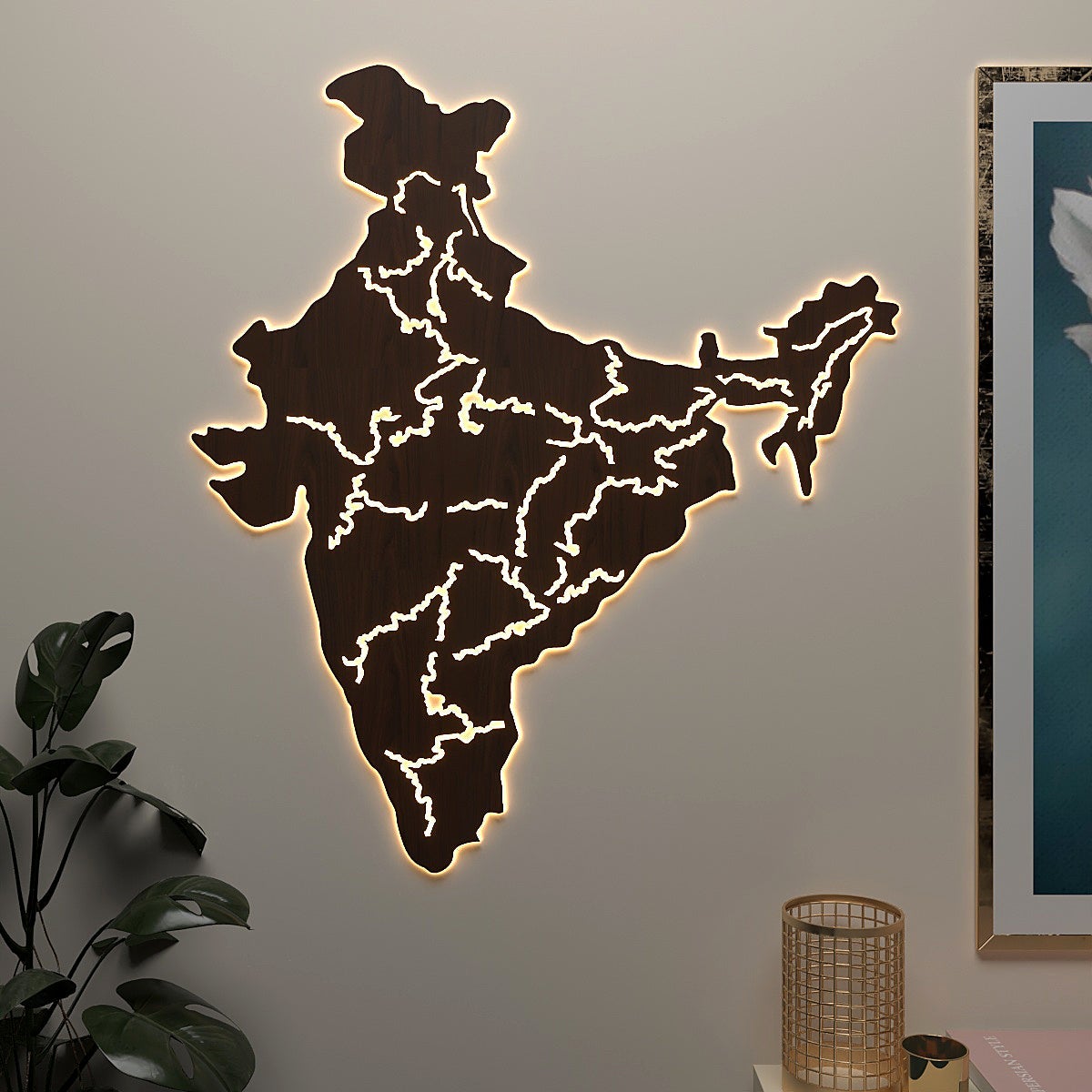 India Map Backlit Wooden Wall Decor with LED Night Light Walnut Finish