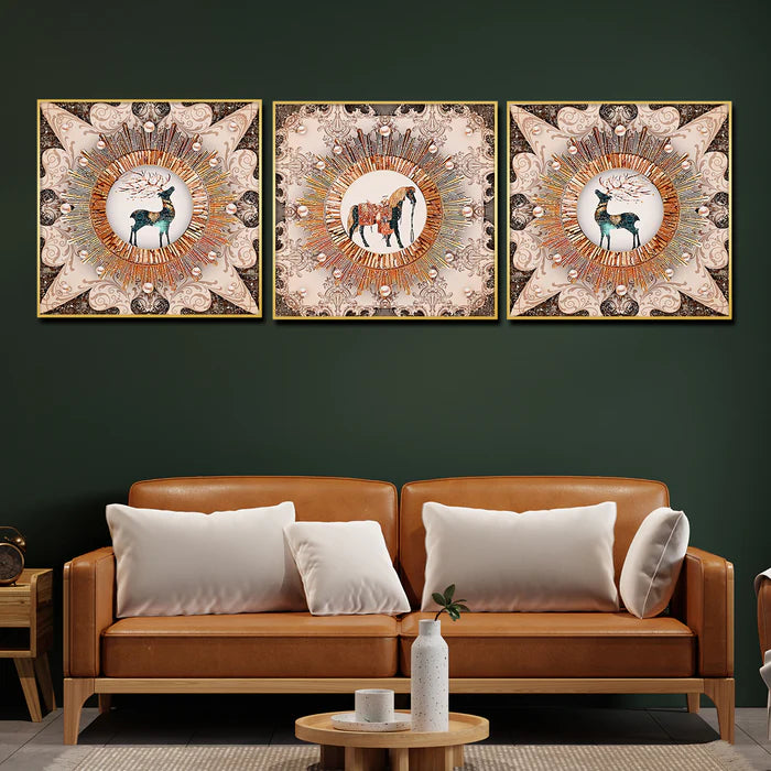 Royal Wild Family Horse Framed Crystal Glass Set of 3 Painting