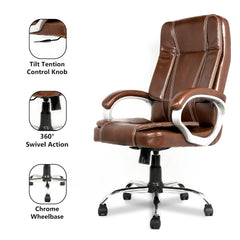 Brown Leatherette Swivel Office Revolving Chair | Heavy Tilting Mechanism & Strong Chrome Stand Base