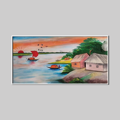 Natural Scenery Drawing of a Riverside Village at Sunset