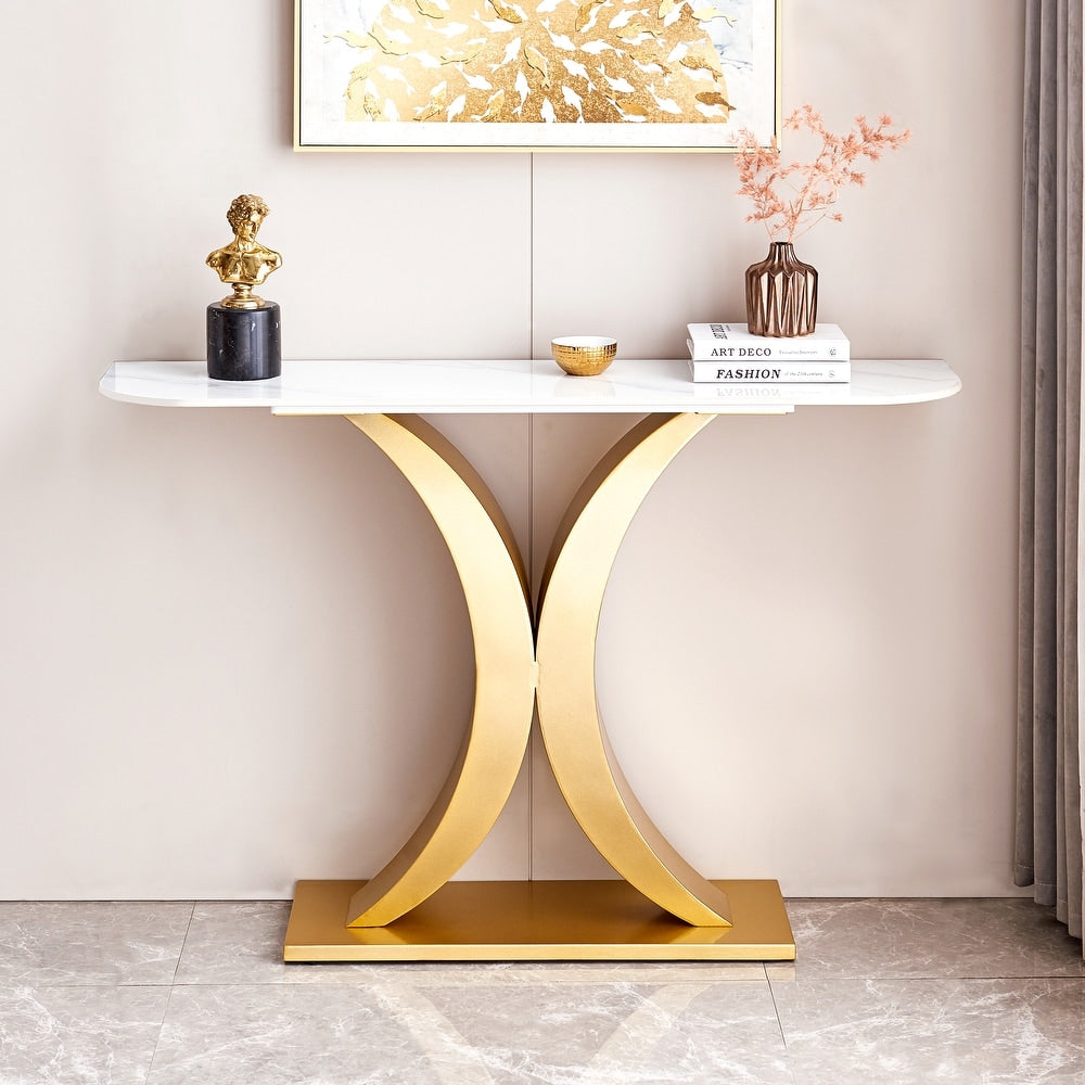 Elegant Gold X Leg Console Table with Smooth White Marble Top