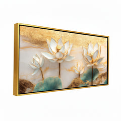 Premium 3D White Lotus Flower Wall Art | Gold Accented Floral Canvas Print