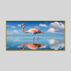 Flamingo Birds Walks Water With Sky Scenery Canvas Printed Wall Paintings