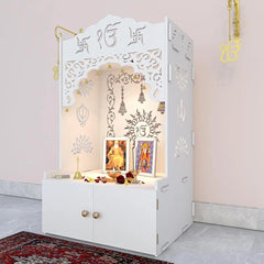 Ek-onkar Home Temple with Inbuilt Focus Light & Spacious Wooden Shelf- White