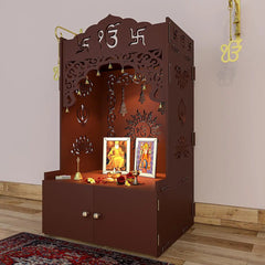 Ek-onkar Home Temple with Inbuilt Focus Light & Spacious Wooden Shelf- Brown