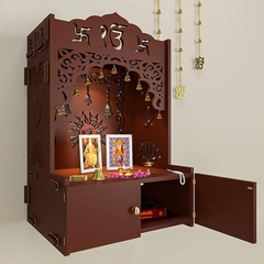 Ek-onkar Wall Temple with Inbuilt Focus Light & Spacious Wooden Shelf- Brown