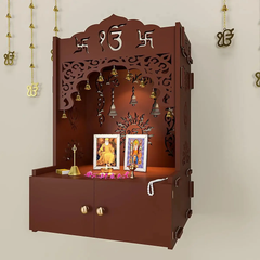 Ek-onkar Wall Temple with Inbuilt Focus Light & Spacious Wooden Shelf- Brown