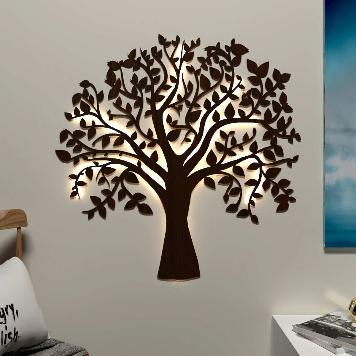 Glowing Tree Backlit wall Art / Night Light, Walnut Finish