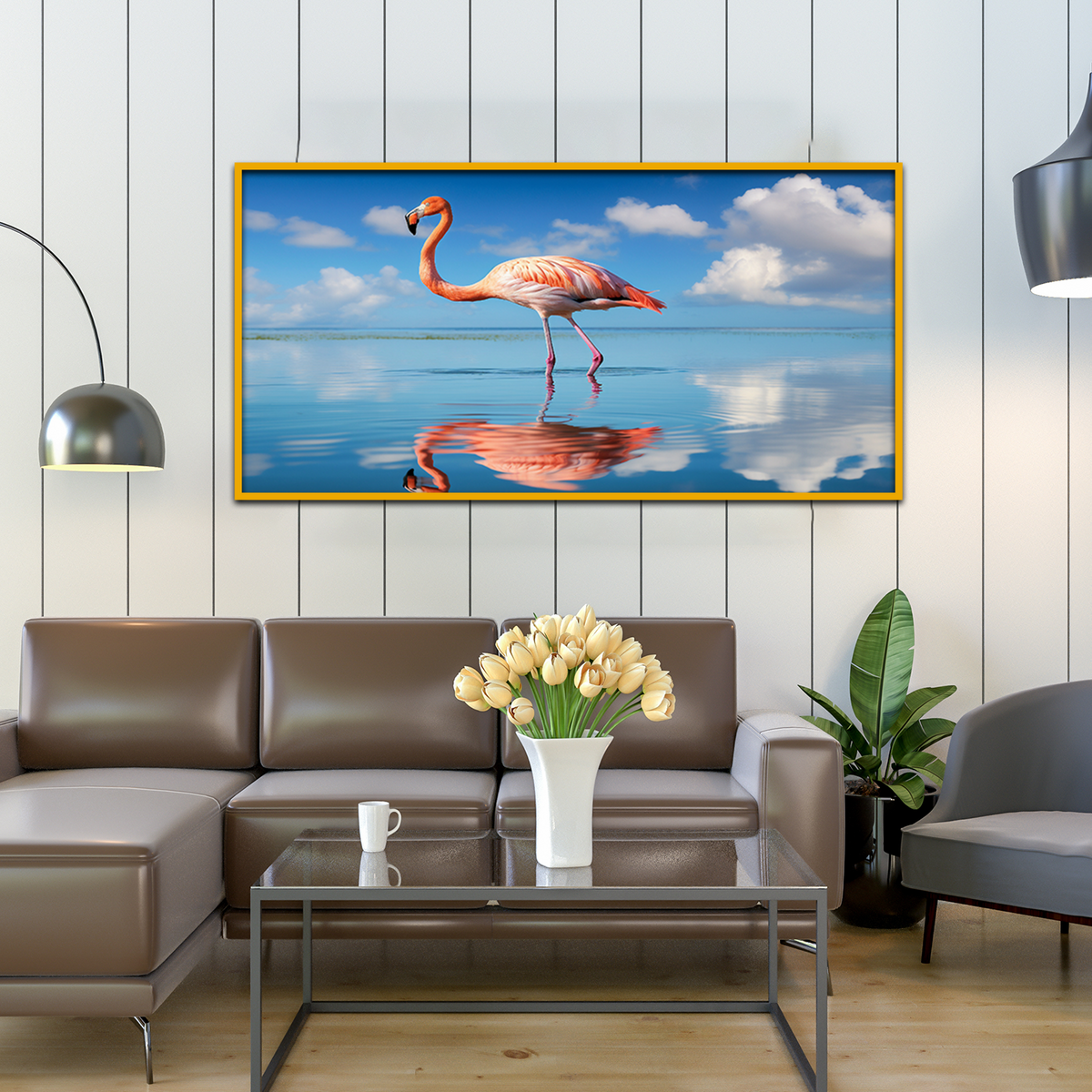 Flamingo Birds Walks Water With Sky Scenery Canvas Printed Wall Paintings